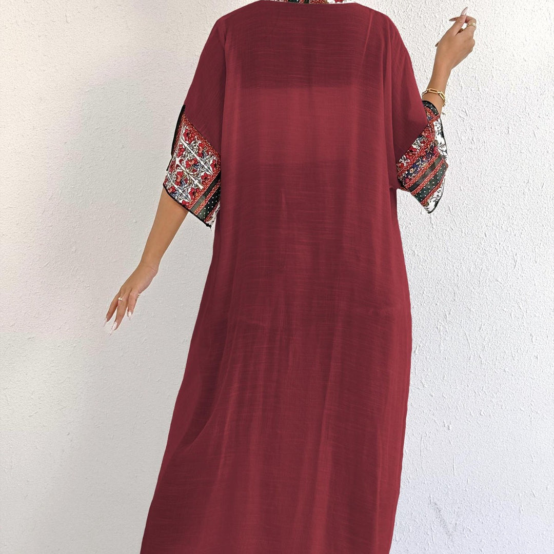 Damen eleganter, leichter Kaftan mit buntem Häkelbesatz Drune