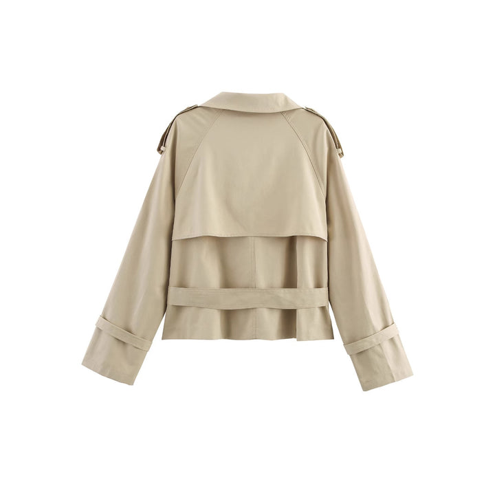 Damen modischer Trenchcoat mit hoch geschlossenem Kragen und praktischen Schulterriegeln Drune