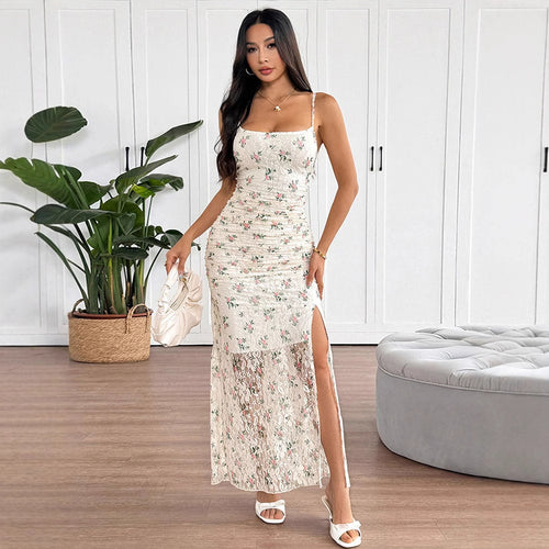 Damen Maxikleid mit raffiniertem Spitzenbesatz und floralem Design Drune