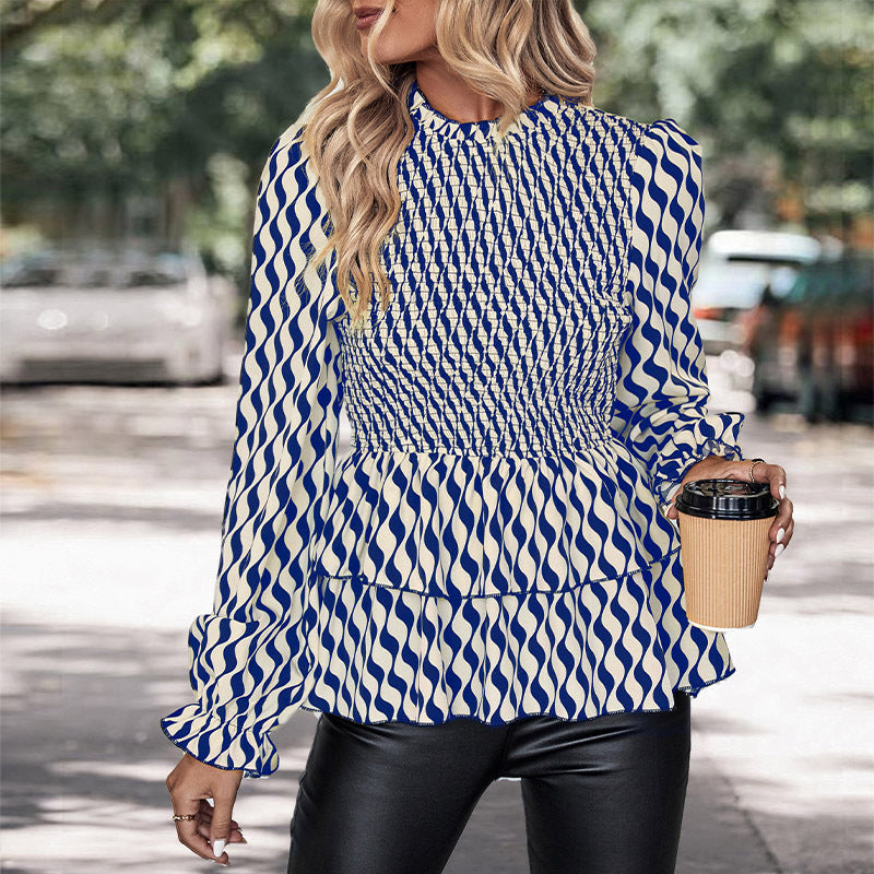 Damen Gemusterte Smockbluse mit Rüschen-Peplum und Stehkragen Drune