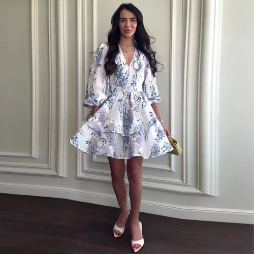 Damen Trendiges Kurzkleid mit voluminösen Ärmeln und floralem Muster Drune