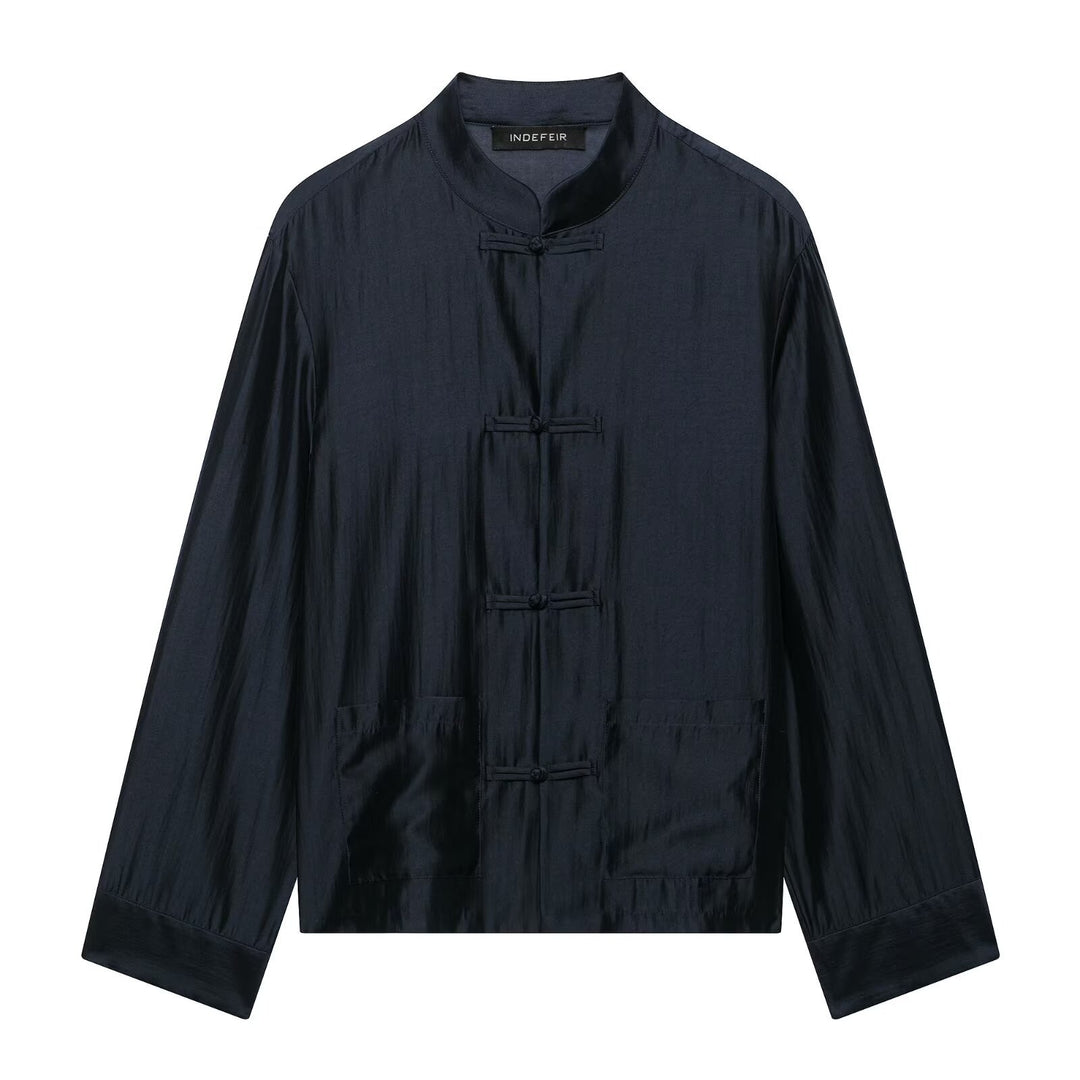 Damen Chinesisch-inspirierte Hemdjacke mit Stehkragen und Knotenknöpfen Drune