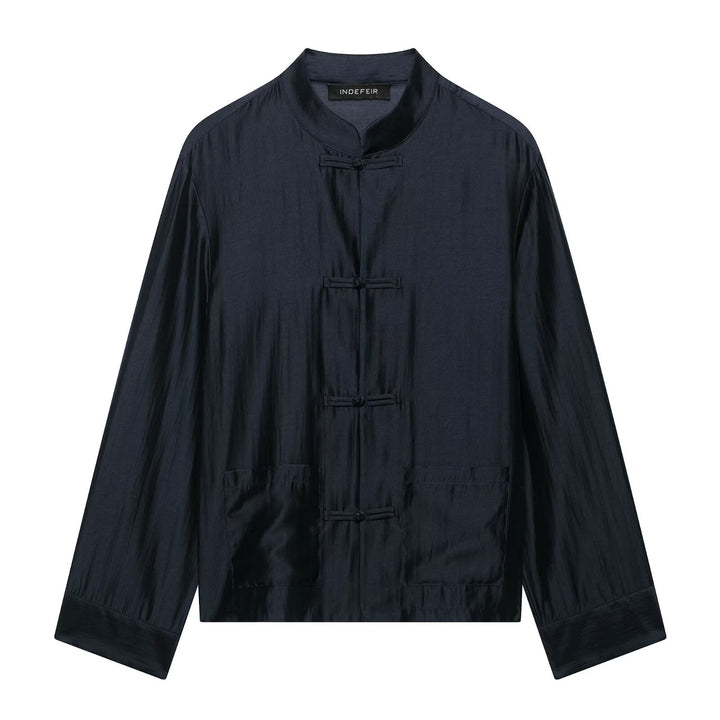Damen Chinesisch-inspirierte Hemdjacke mit Stehkragen und Knotenknöpfen Drune