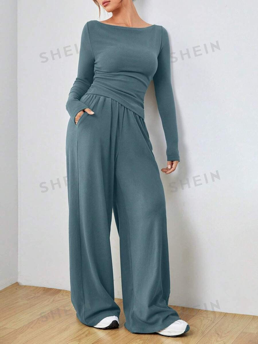 Damen Lässiges Two‑Piece Lounge‑Set mit U‑Boot‑Ausschnitt, taillierter Drapierung und weitem Palazzohose Drune