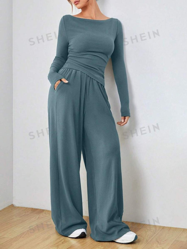Damen Lässiges Two‑Piece Lounge‑Set mit U‑Boot‑Ausschnitt, taillierter Drapierung und weitem Palazzohose Drune