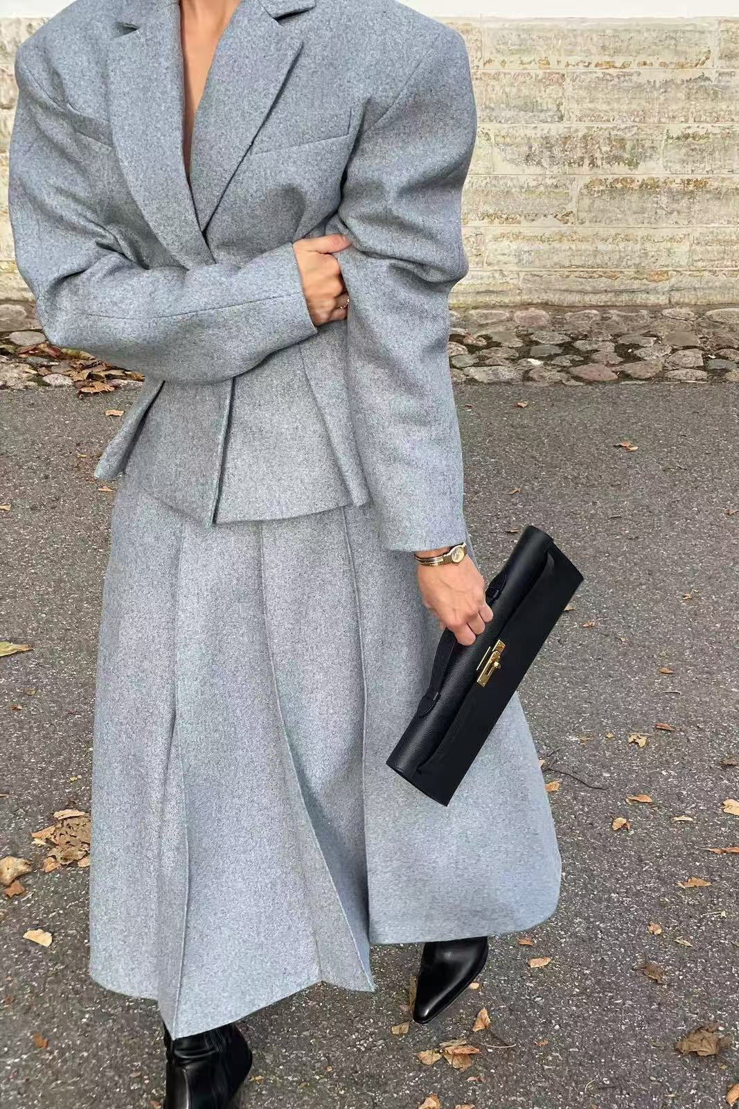 Drune | Einreihiger Schlanker Wollanzugjacke und Rock Zweiteiliges Satz