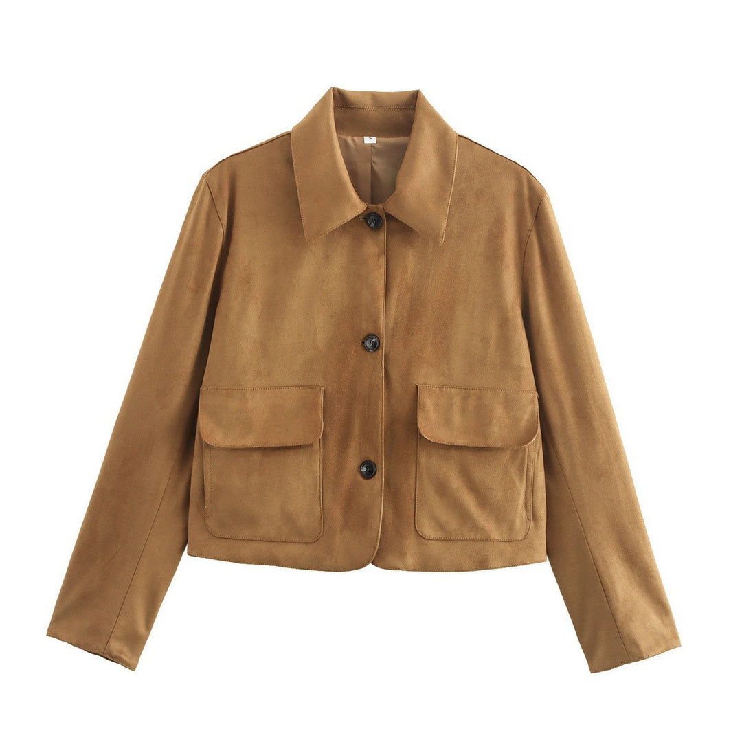 Damen elegante Kurzjacke aus weichem Kunstleder mit aufgesetzten Taschen Drune