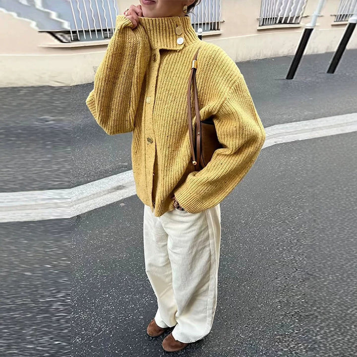 Damen Oversize-Strickjacke mit Rippenstruktur und Stehkragen Drune