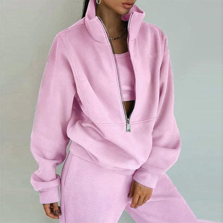 Damen nan kurzes Halbzip-Sweatshirt-und-Jogginghose-Set mit Stehkragen, oversized Schnitt und weichem French-Terry Drune