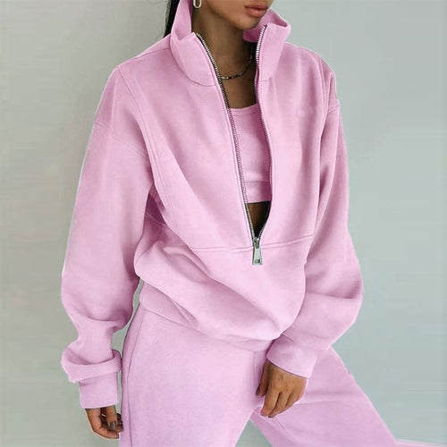 Damen nan kurzes Halbzip-Sweatshirt-und-Jogginghose-Set mit Stehkragen, oversized Schnitt und weichem French-Terry Drune
