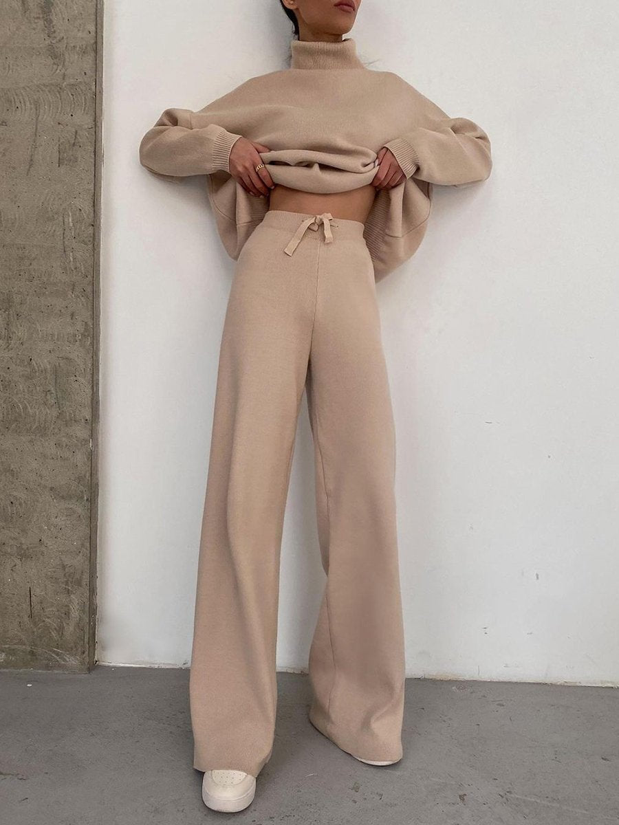 Damen Weite Strickhose mit hoher Taille, Tunnelzug und weitem Bein Drune