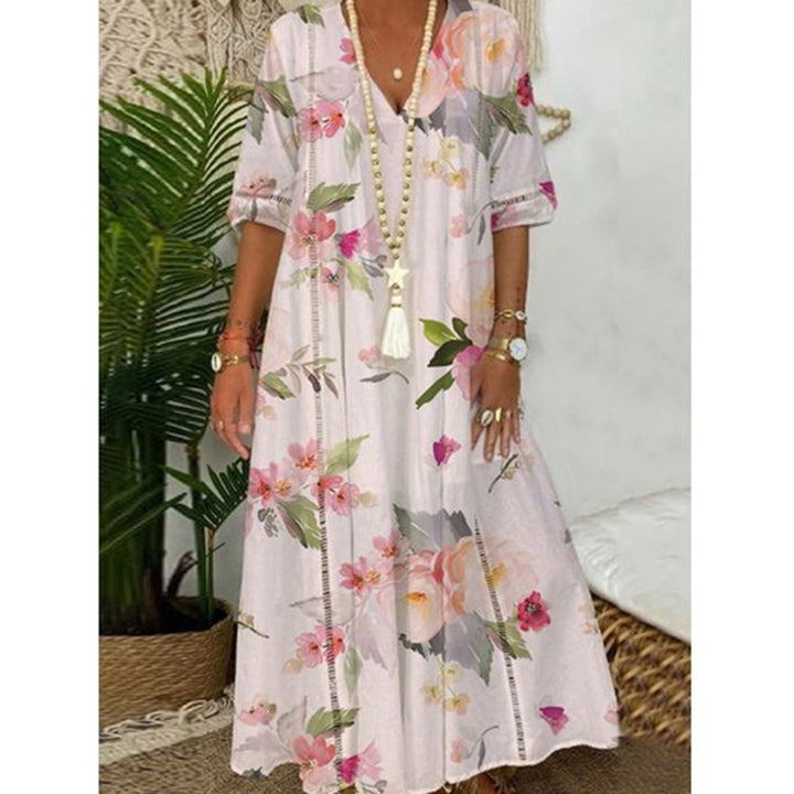 Damen nan locker fließendes Kaftan-Midimaxikleid mit V-Ausschnitt, ajourbesetzten Bahnen und leichter Leinenmisch-Qualität Drune