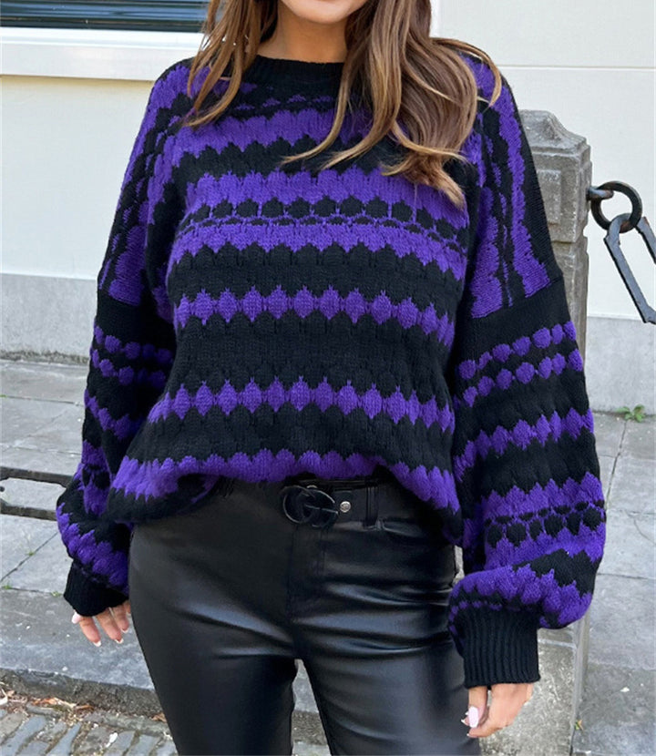 Damen gemütlicher Strickpullover mit modernem Zopfmuster und grafischen Akzenten Drune