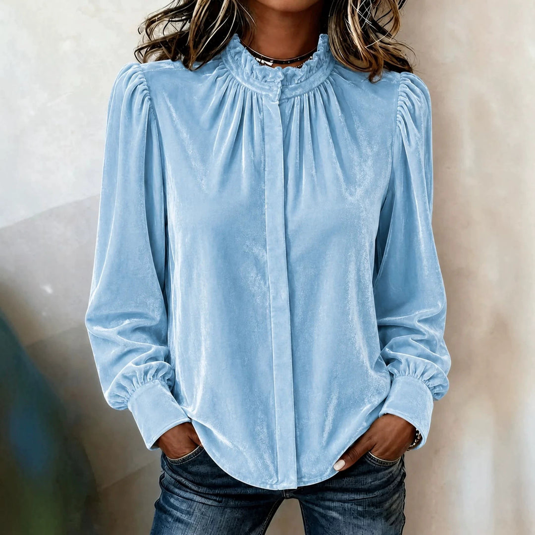Damen Samtbluse mit Rüschen-Stehkragen, verdeckter Knopfleiste und gerafften Ballonärmeln Drune
