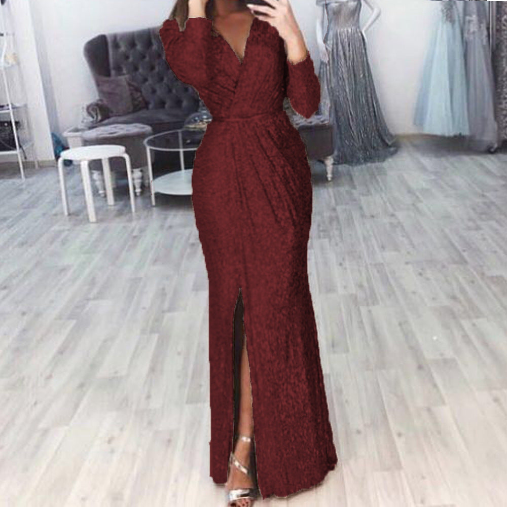 Damen Abendkleid mit Wickelfront, langem Beinschlitz und taillierter Meerjungfrauen‑Silhouette Drune