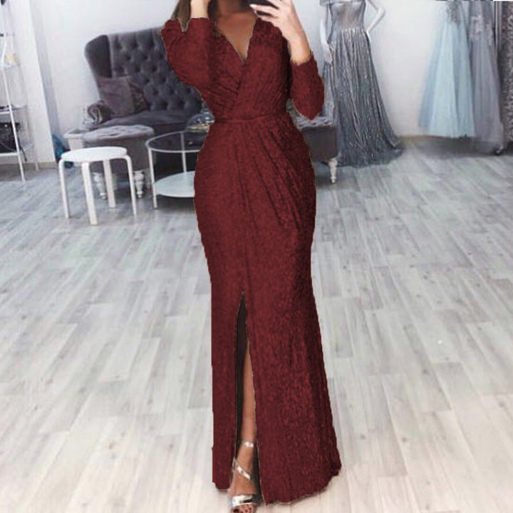 Damen Abendkleid mit Wickelfront, langem Beinschlitz und taillierter Meerjungfrauen‑Silhouette Drune