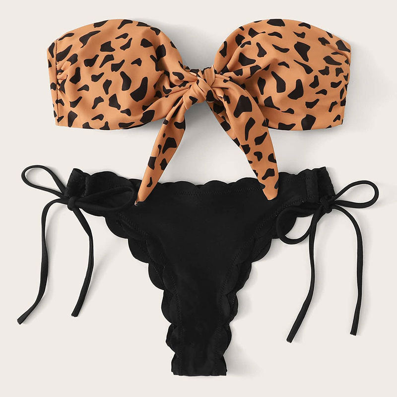 Damen Bandeau-Bikini-Set mit modischem Animal-Print und verstellbaren Bändern Drune