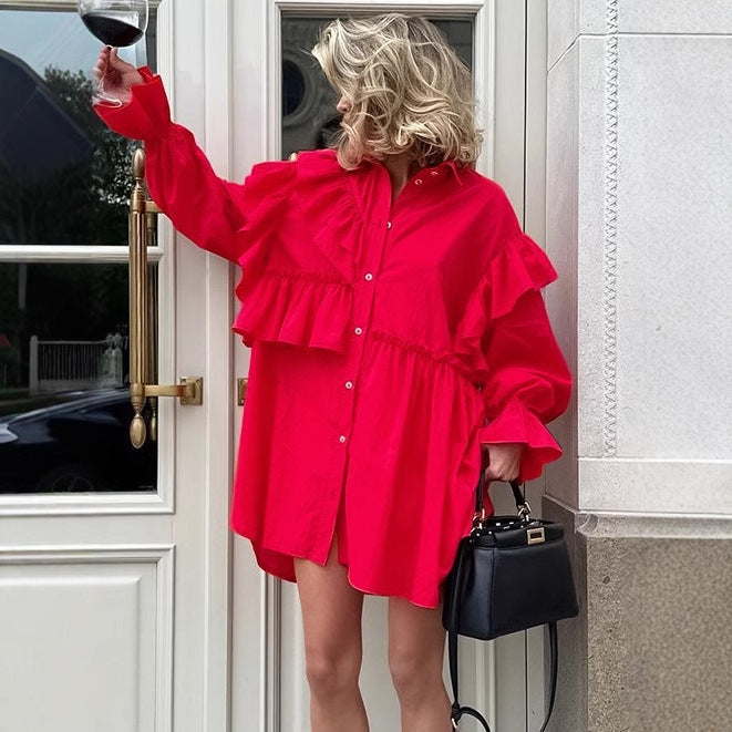 Damen Rüschenbluse im Oversized-Design mit Knopfleiste Drune