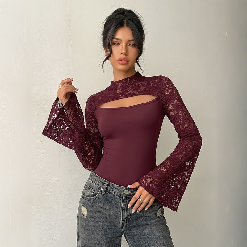 Damen Elegantes Spitzenoberteil mit Y-Ausschnitt und Volantärmeln Drune