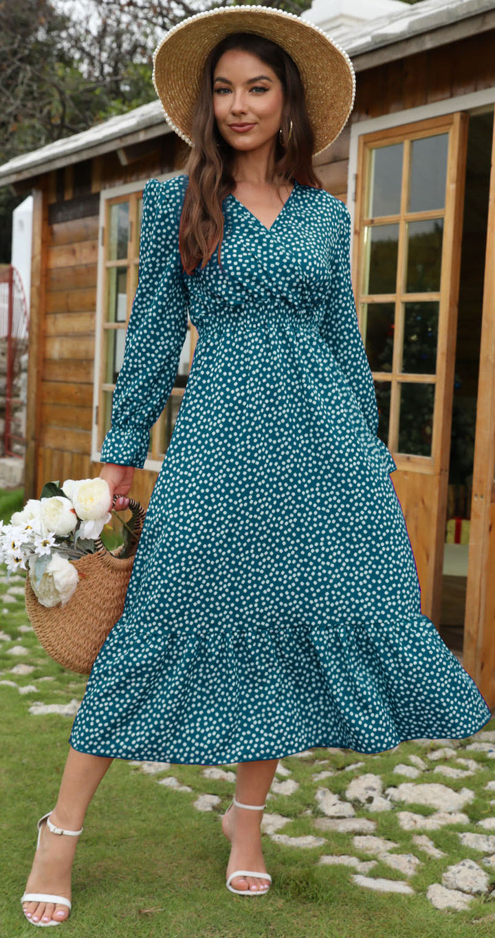 Damen Midikleid mit floralem Volant und elastischem Taillengürtel Drune