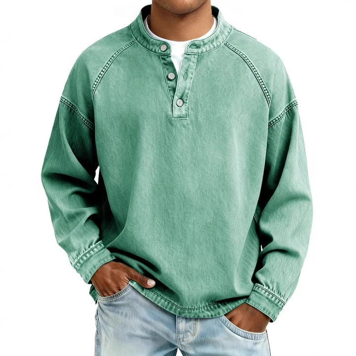 Herren Langarm-Henley Sweatshirt mit Stehkragen und Vintage-Denim-Effekt Drune