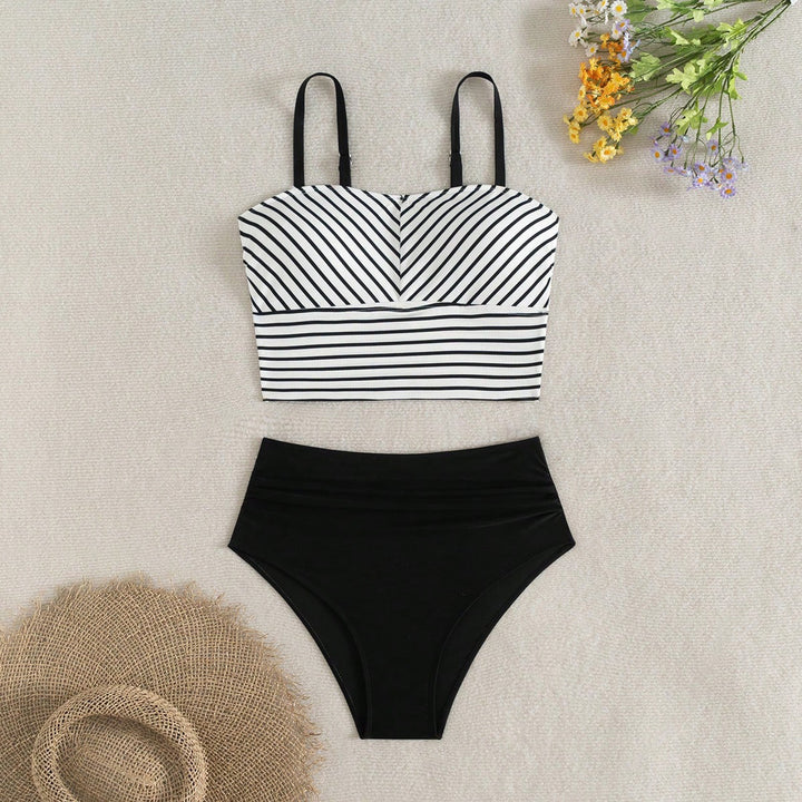 Damen Hochgeschnittener Bikini mit gestreiften Crop-Oberteil Drune