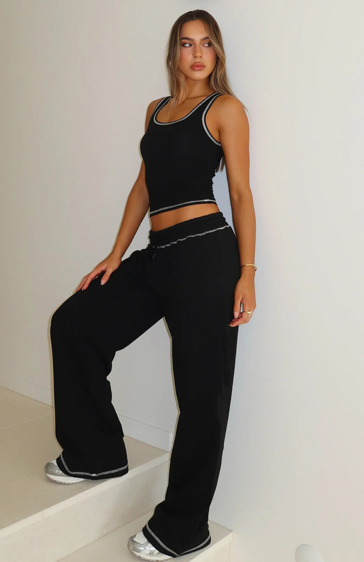 Damen lässiges Crop-Top und weite High-Waist Lounge-Jogginghose Set Drune