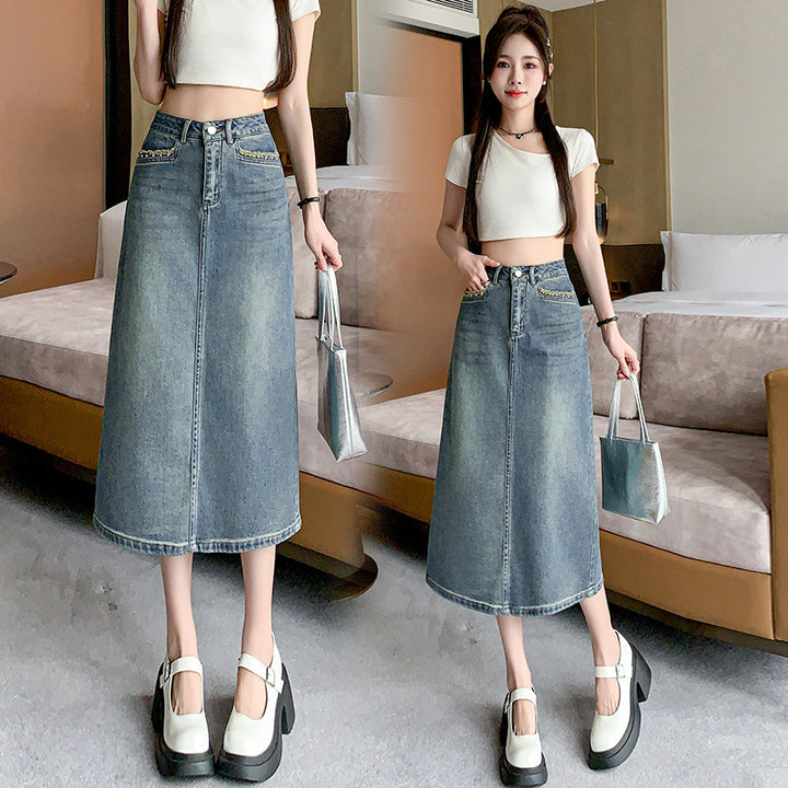 Damen Denim-Midi-Rock mit schwingendem Saum Drune