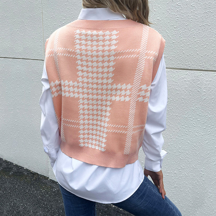 Damen Oversize-Strickweste mit V-Ausschnitt und Hahnentritt-Muster Drune