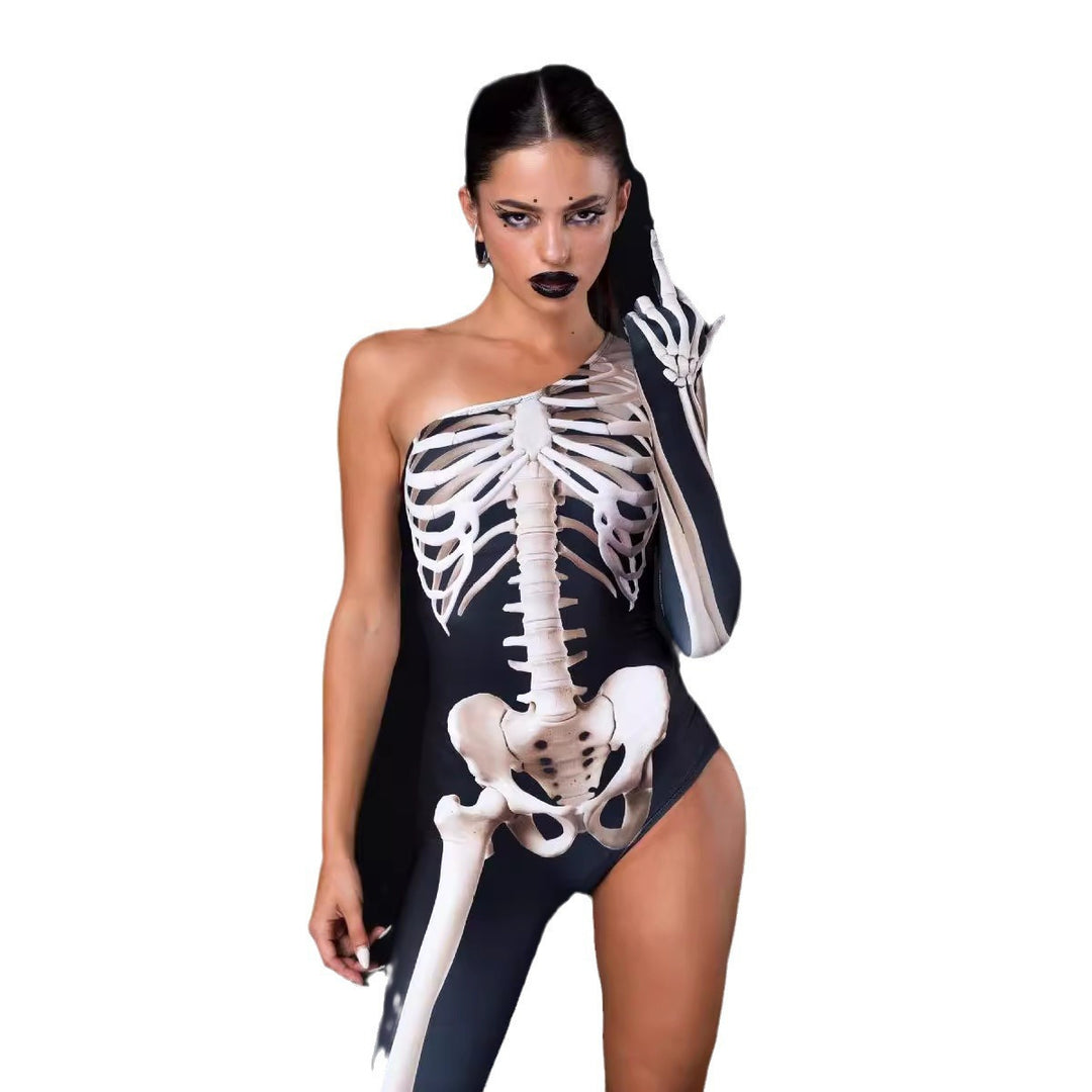 Damen Figurbetonter Bodysuit mit kreativem Skelettdesign und asymmetrischem Schnitt Drune