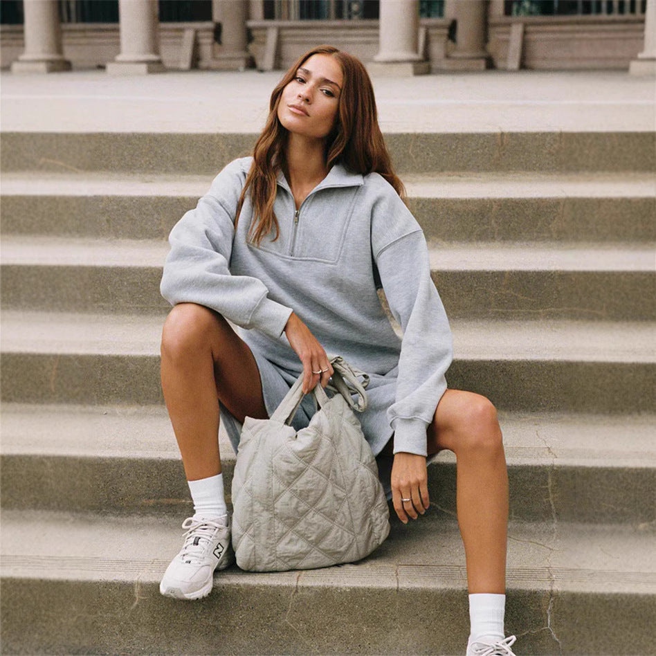 Damen lässiger Sweatshirt- und Short-Anzug mit Stehkragen und praktischem Reißverschluss Drune