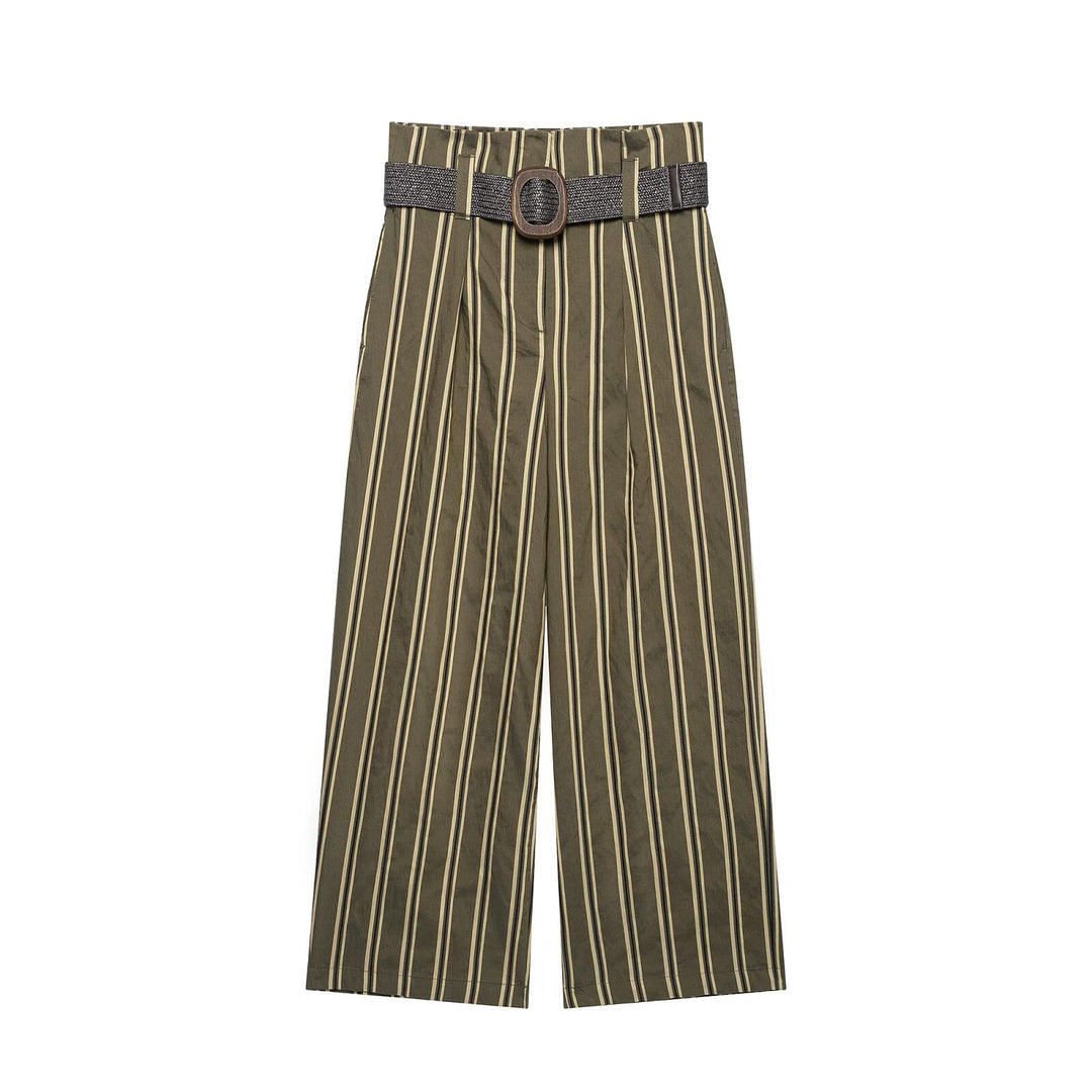 Damen Hochtaillierte weite Hose mit vertikalem Streifenmuster und Taillengürtel Drune