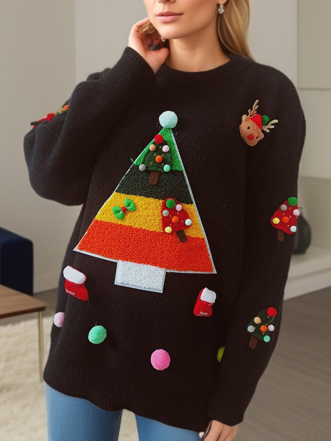 Damen Weihnachts-Pullover mit fröhlichem Weihnachtsbaum-Design und 3D-Applikationen Drune