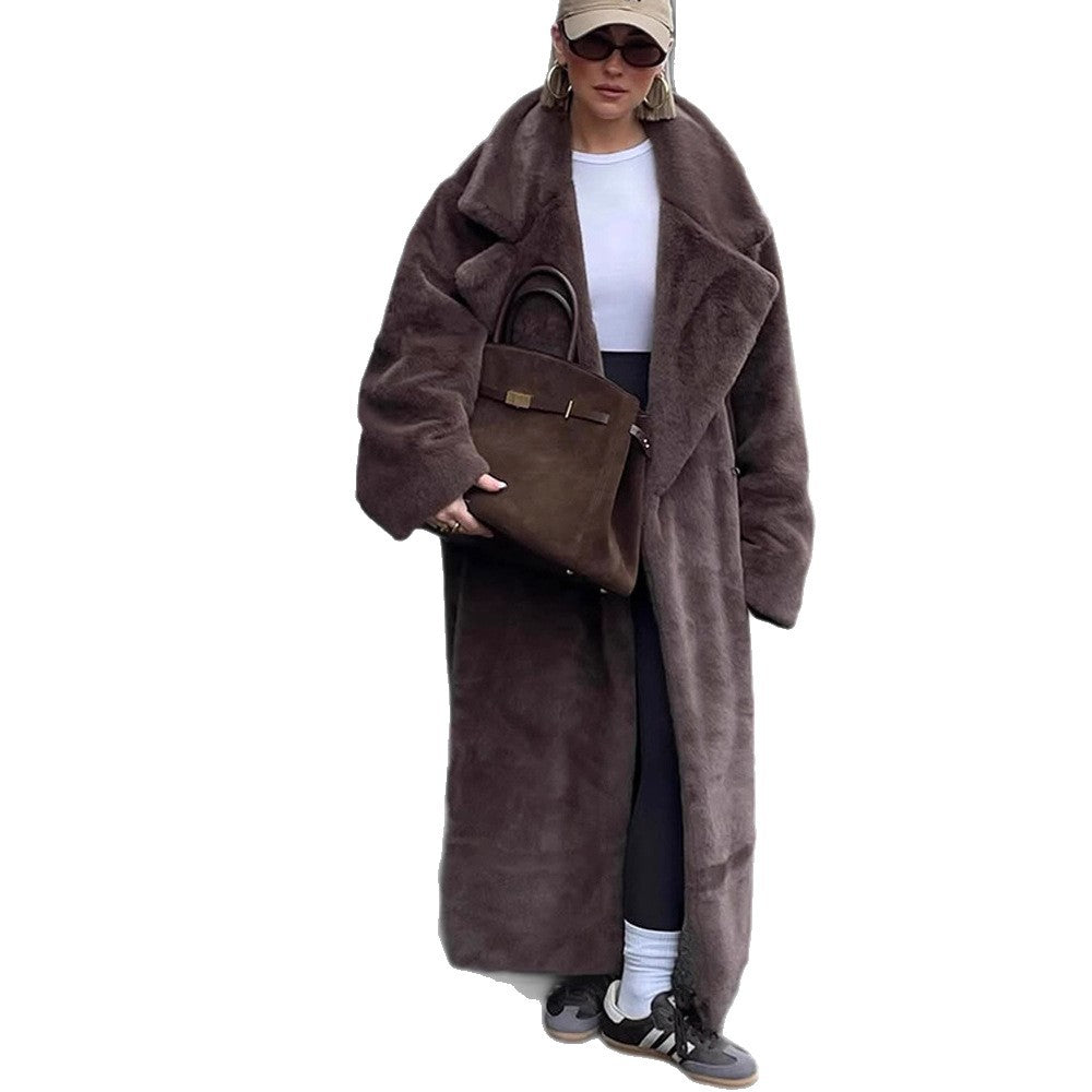 Damen Oversize Kunstfell-Maximantel mit weitem Revers Drune