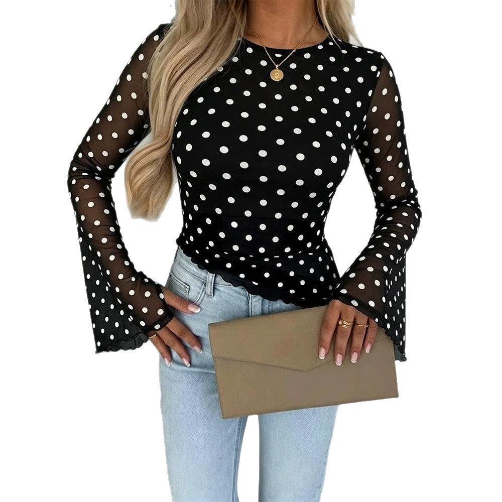 Damen Transparente Mesh-Polka‑Dot-Bluse mit taillierter Passform und Glockenärmeln Drune