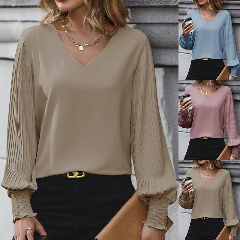 Damen Feminine V-Ausschnitt-Bluse mit plissierten Ballonärmeln und Smokmanschetten Drune