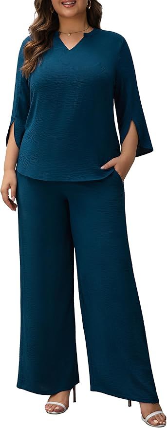 Damen Elegantes Zweiteiliges Palazzo-Set mit V‑Ausschnitt und geschlitzten 3/4‑Ärmeln Drune