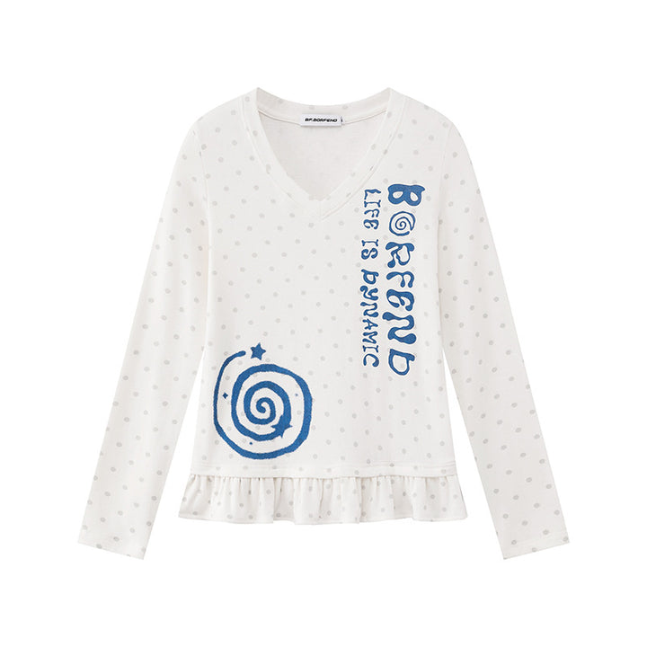 Damen Langarmshirt mit V-Ausschnitt, Rüschen-Saum und grafischem Spiralmotiv Drune