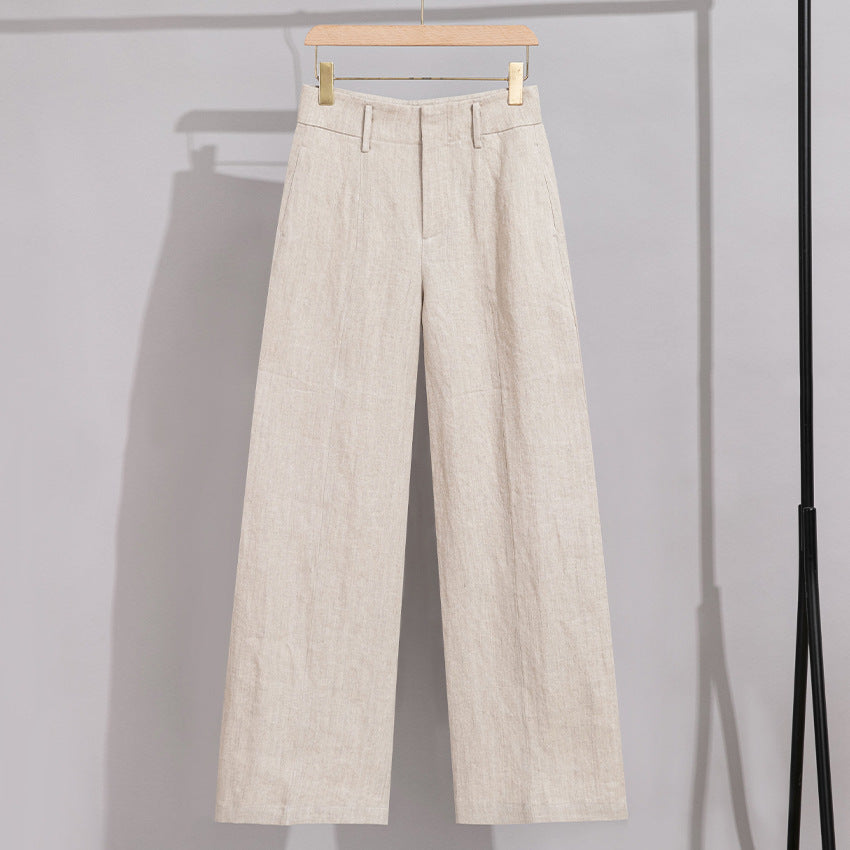 Damen Hochtaillierte Leinenhose mit weitem Bein, Bügelfalte und Gürtelschlaufen Drune