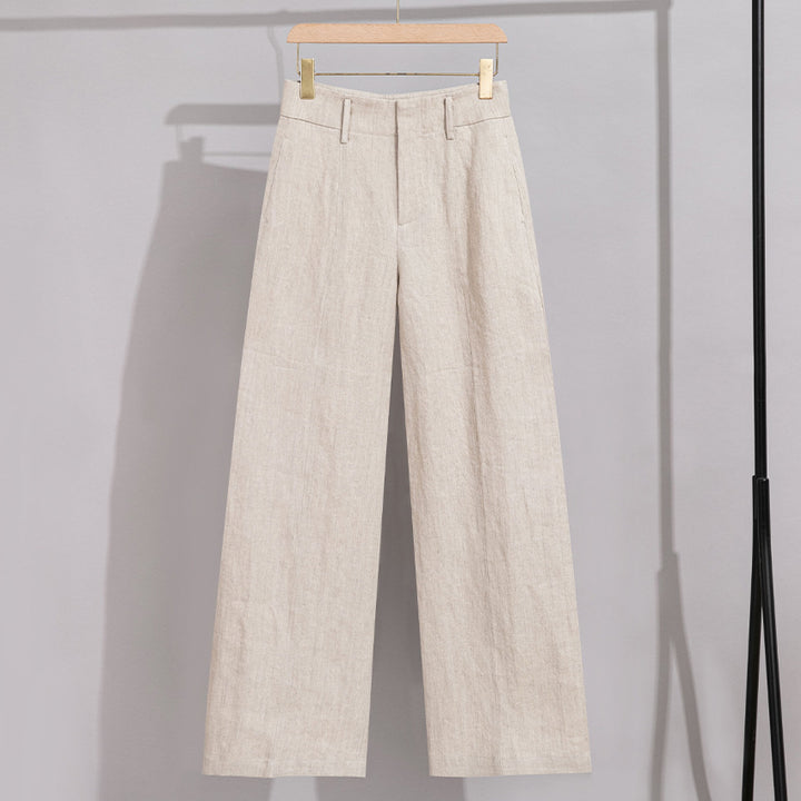 Damen Hochtaillierte Leinenhose mit weitem Bein, Bügelfalte und Gürtelschlaufen Drune