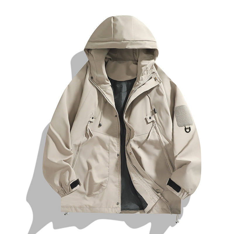 Herren atmungsaktive Utility-Kapuzenjacke mit verdecktem Reißverschluss, Multi-Taschen und verstellbaren Ärmelabschlüssen Drune