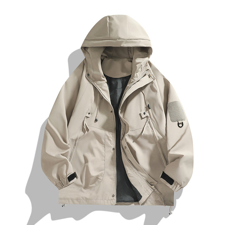 Herren atmungsaktive Utility-Kapuzenjacke mit verdecktem Reißverschluss, Multi-Taschen und verstellbaren Ärmelabschlüssen Drune
