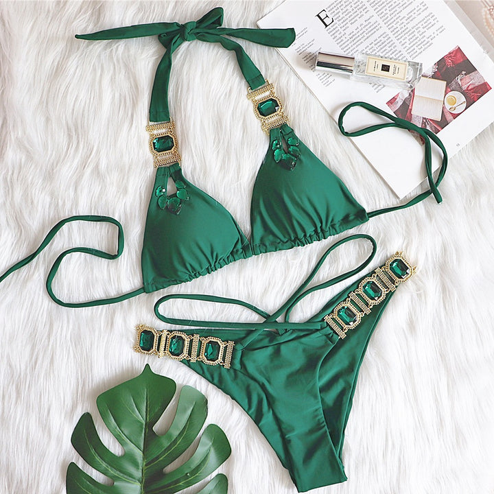 Damen Glamourös Bejeweled Bikini Set Drune