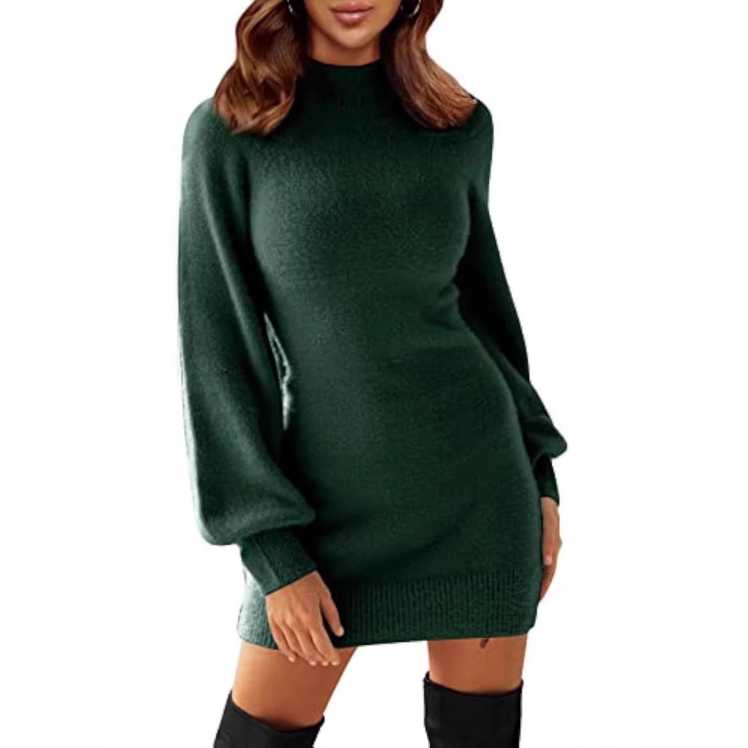 Damen Tailliertes Teddy-Strick-Minikleid mit Stehkragen und Ballonärmeln Drune