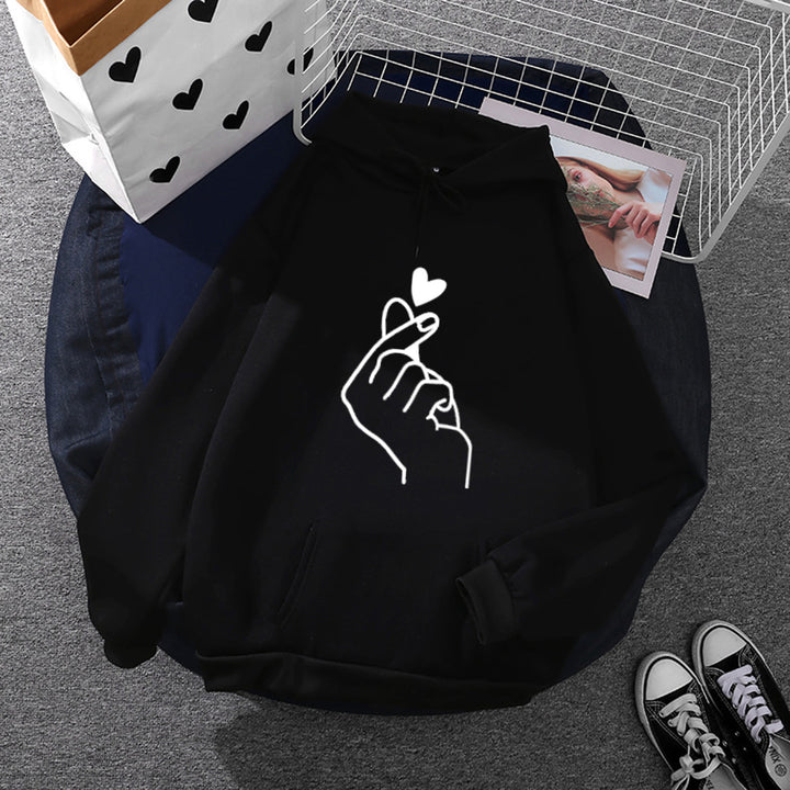 Damen nan Kapuzenpullover mit Fingerherz-Print, Oversize-Schnitt und Kängurutasche Drune