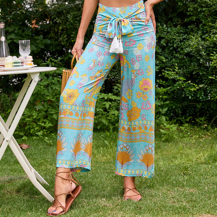 Damen Palazzo-Hose mit floralem Muster und modischem Taillengürtel Drune
