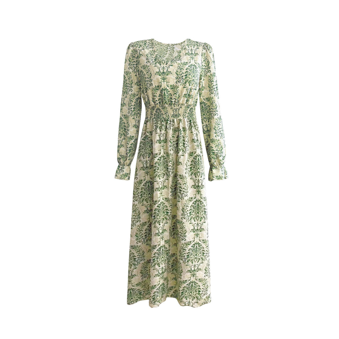Damen Feminin fließendes Maxikleid mit V-Ausschnitt, geraffter Smock-Taillenpartie und ornamentaler Allover-Print Drune