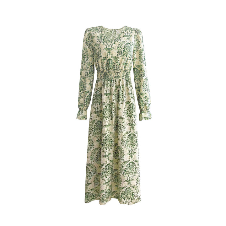 Damen Fließendes Maxikleid mit geraffter Smock-Taille, Trompetenärmeln und ornamentalem Druck Drune