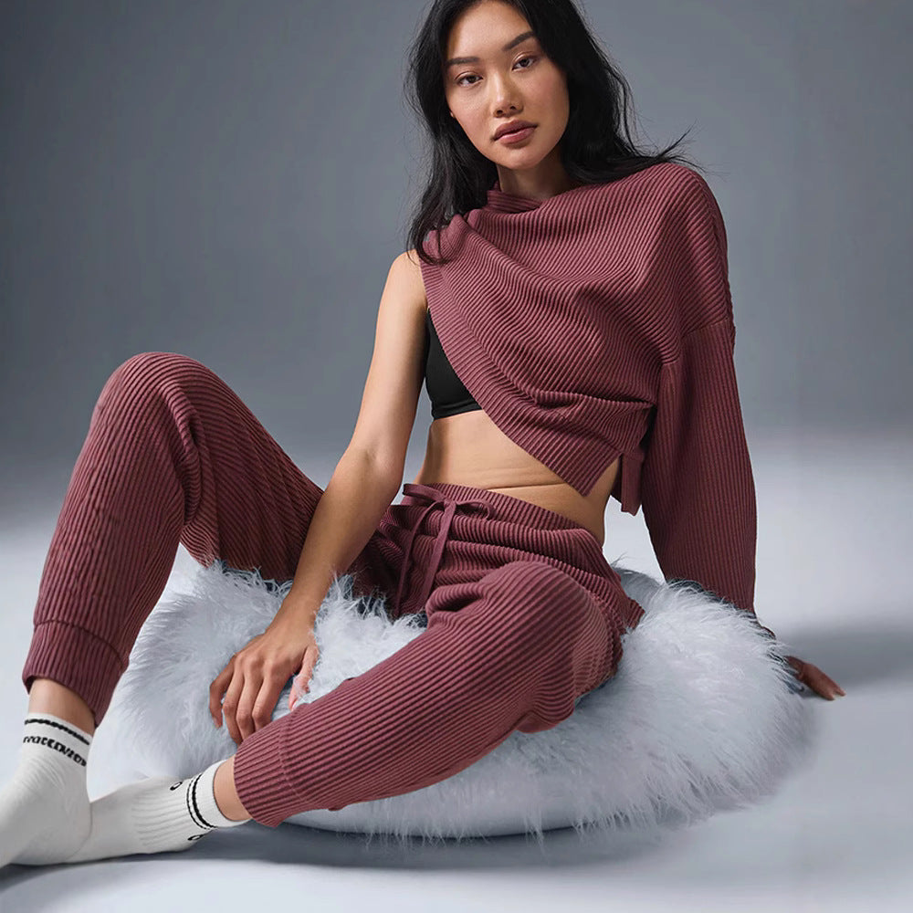 Damen Gerippte High‑Waist Loungehose mit Kordelzug und Bündchen Drune