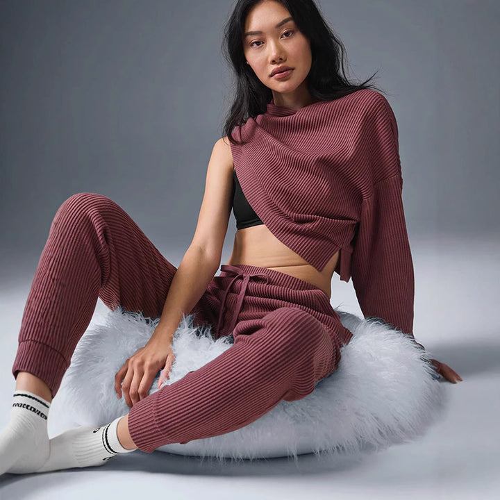 Damen Gerippte High‑Waist Loungehose mit Kordelzug und Bündchen Drune